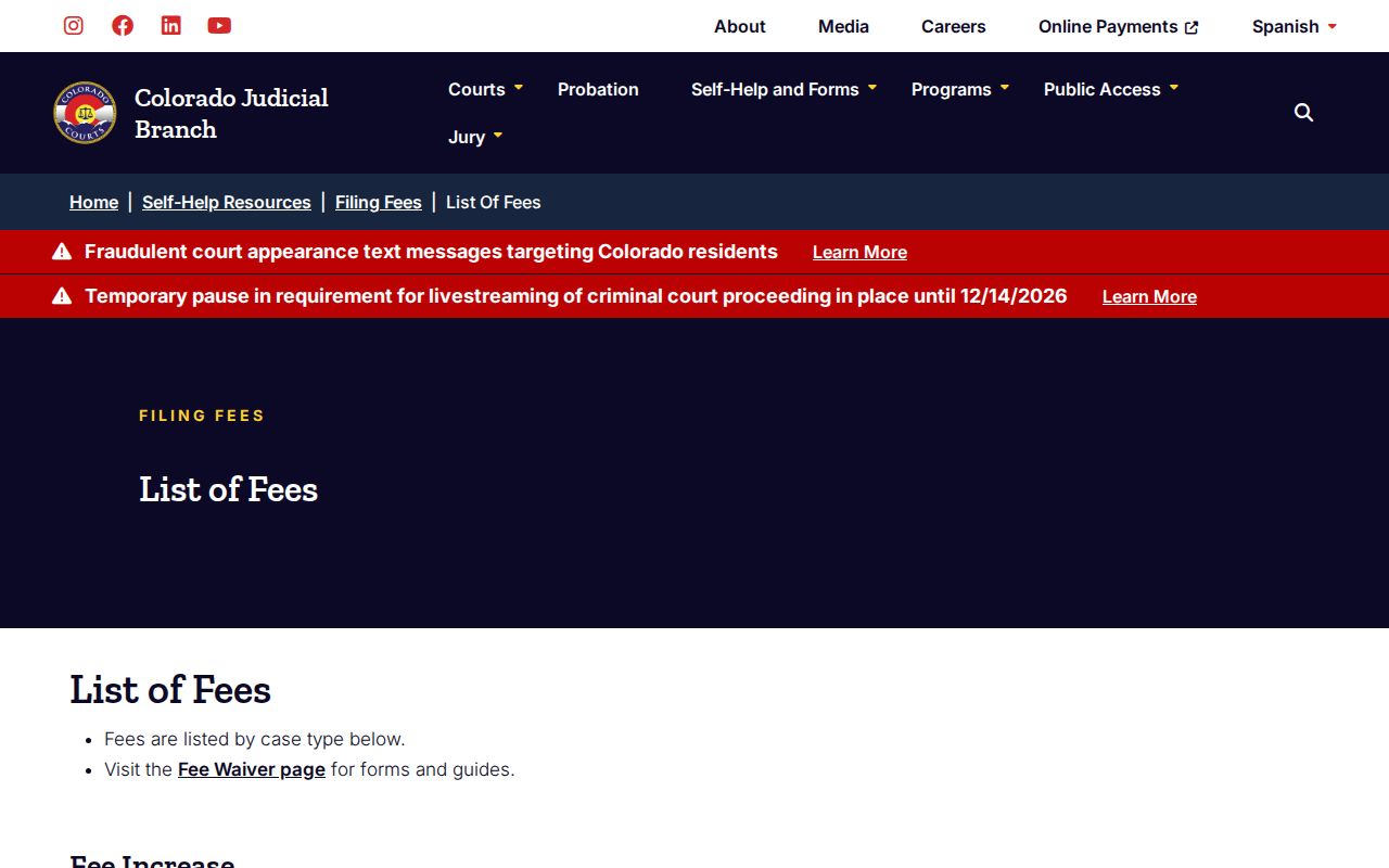 Colorado Judicial schedule listing the specific Outstanding Judgment Warrant court fee