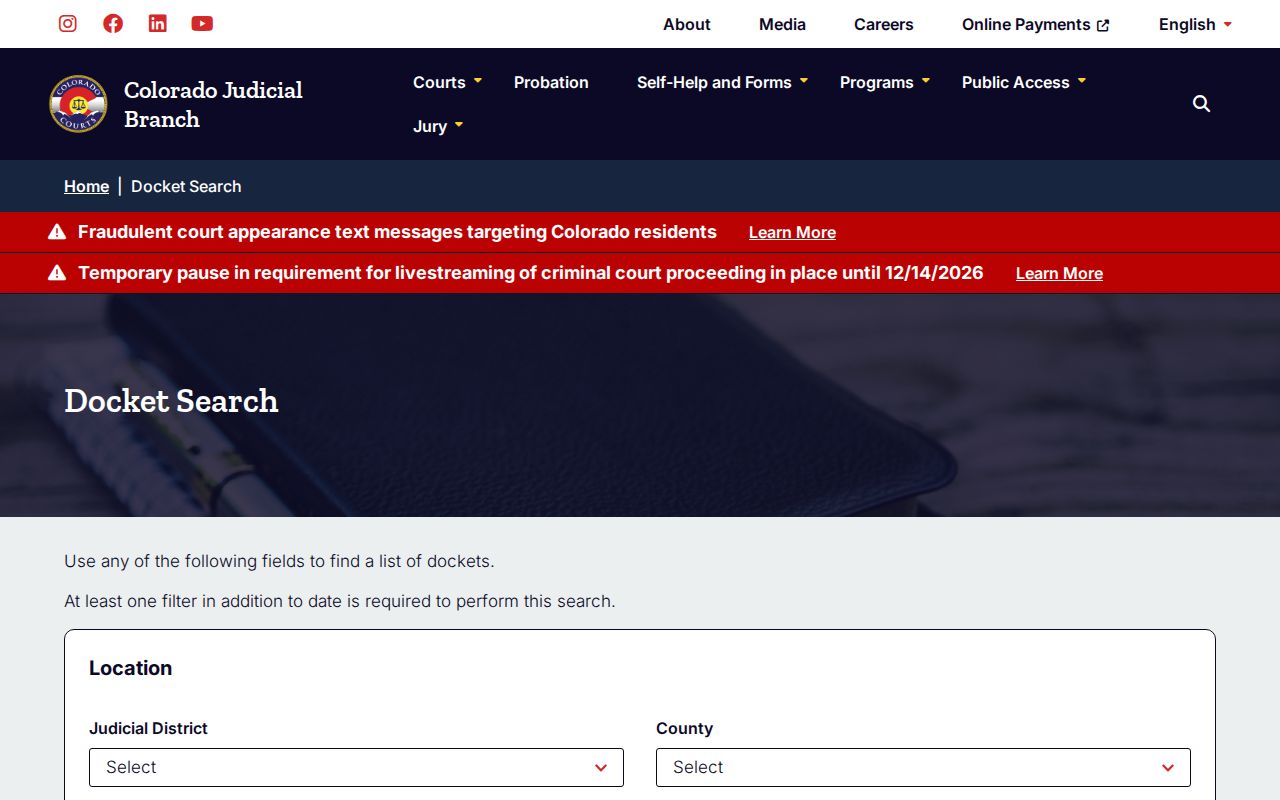 Colorado warrant records: blank Colorado Judicial docket search filters
