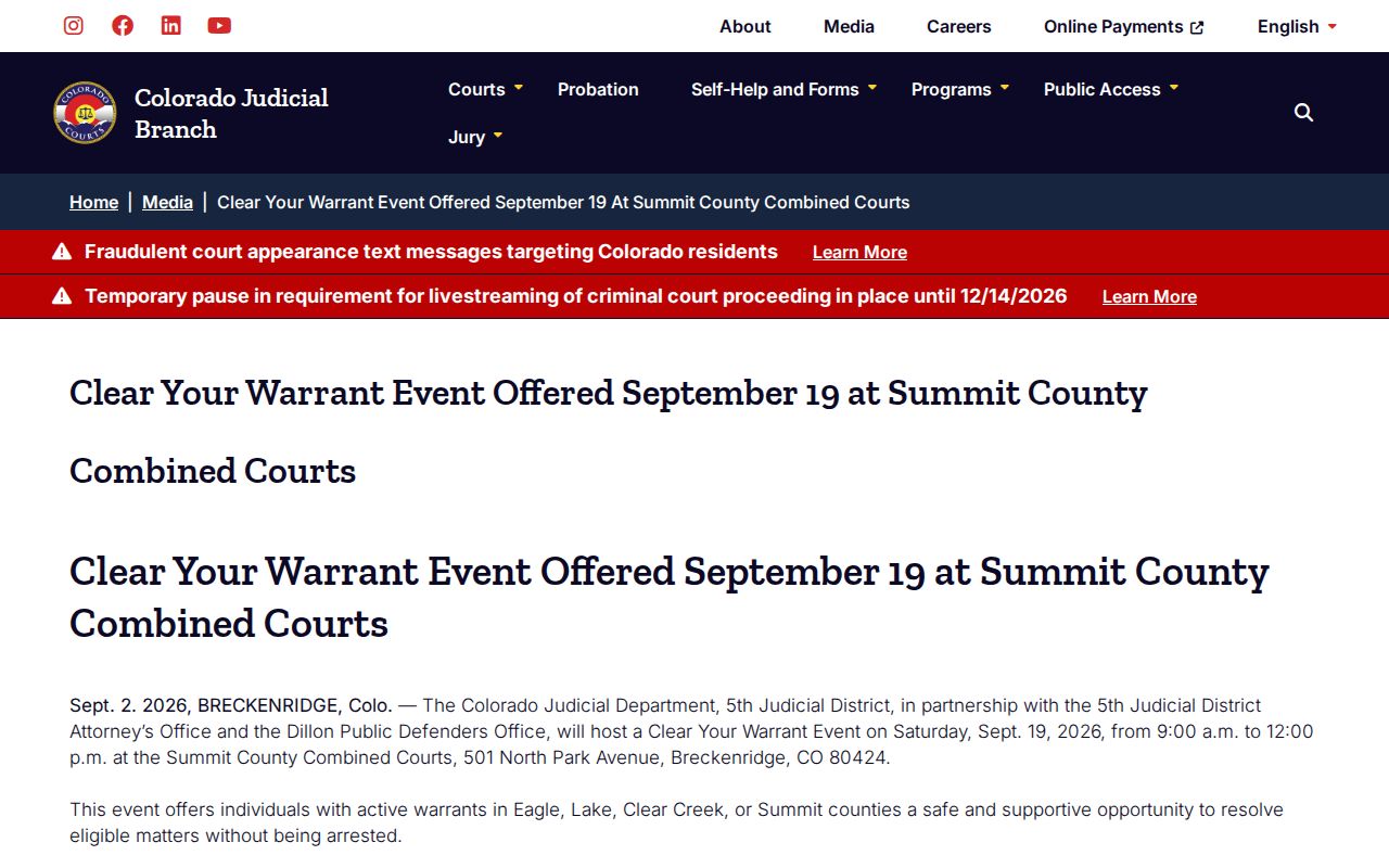 Colorado warrant clearance event: dated court notice with eligibility details