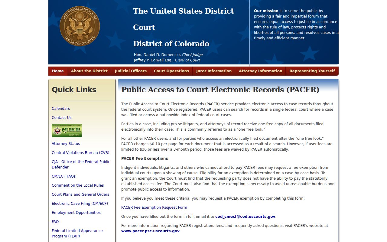 Colorado U.S. District Court guidance on public access to PACER federal records