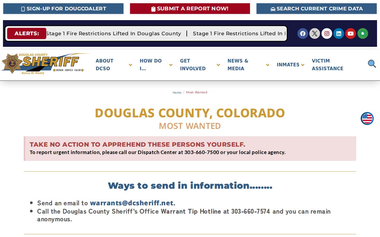 Colorado warrant records: Douglas County Most Wanted program title and tip contact