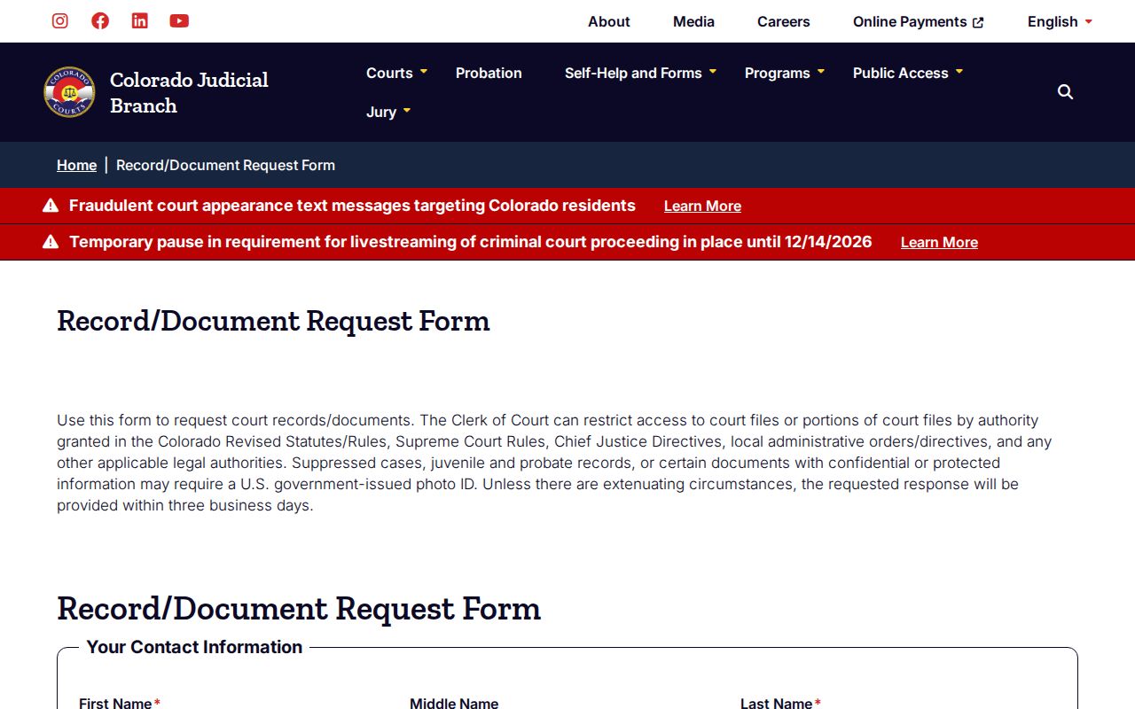 Colorado warrant records: blank Judicial court-record request form
