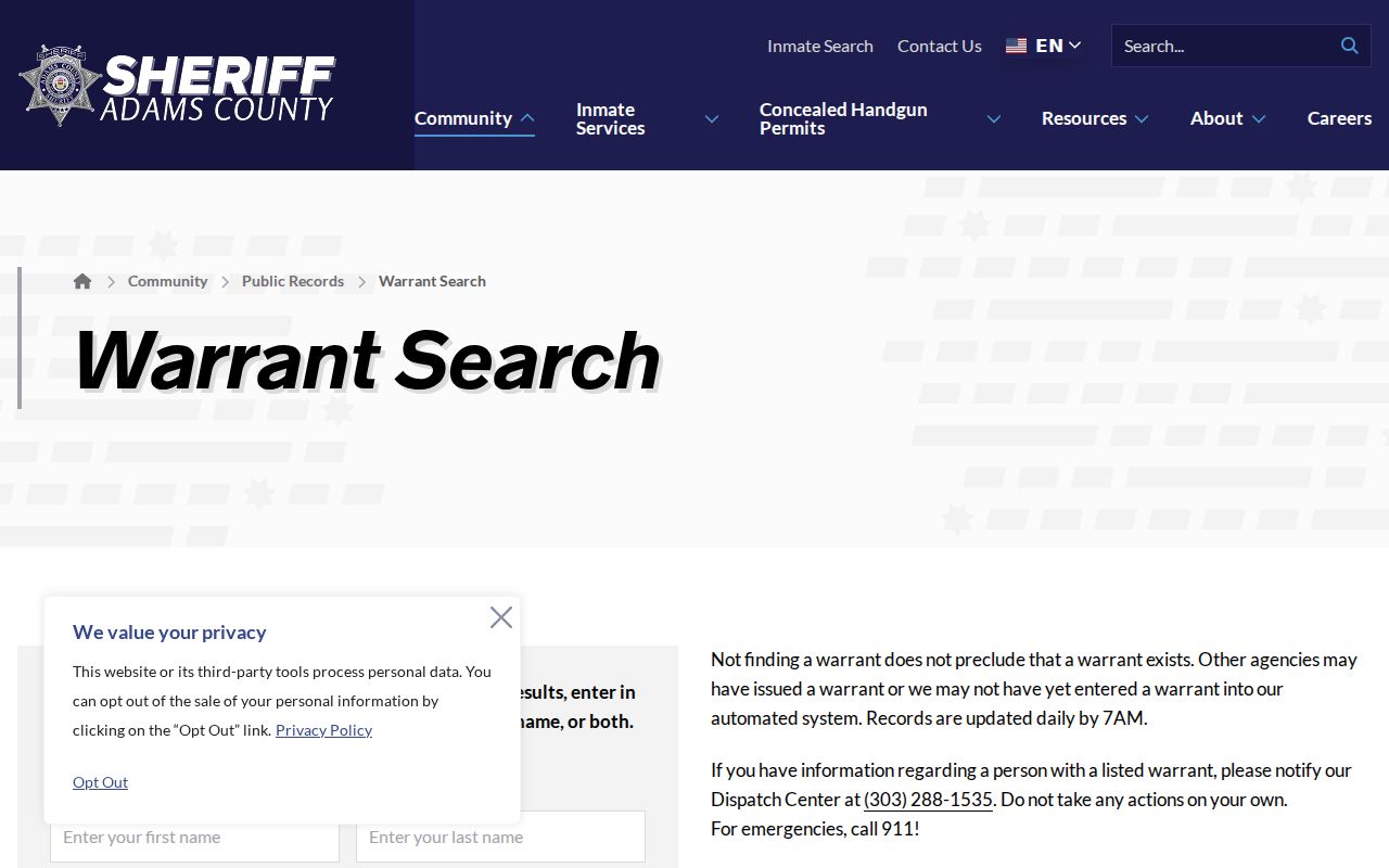 Colorado warrant records: blank Adams County Sheriff search with scope instructions