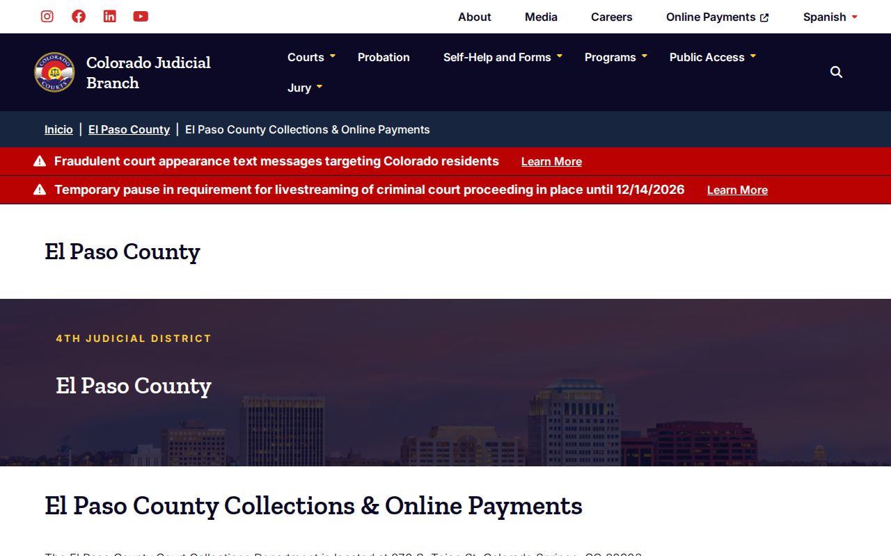 Colorado El Paso County Court collections instructions for its local payment and OJW contact route