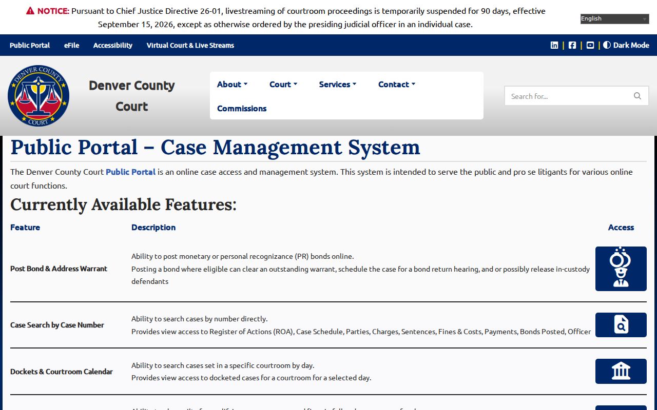 Colorado Denver County Court public portal feature list and local-scope notice